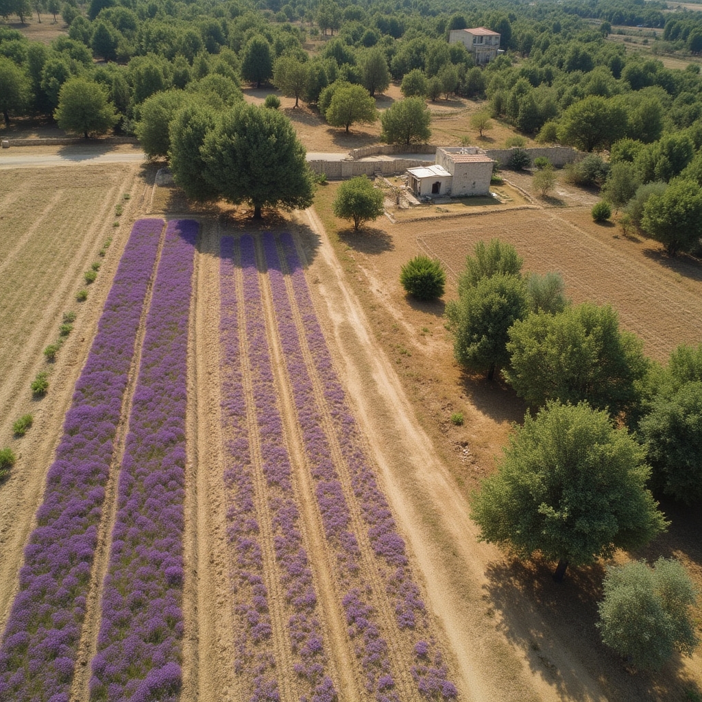 Vista aérea de una pequeña finca de secano con hileras de cultivo