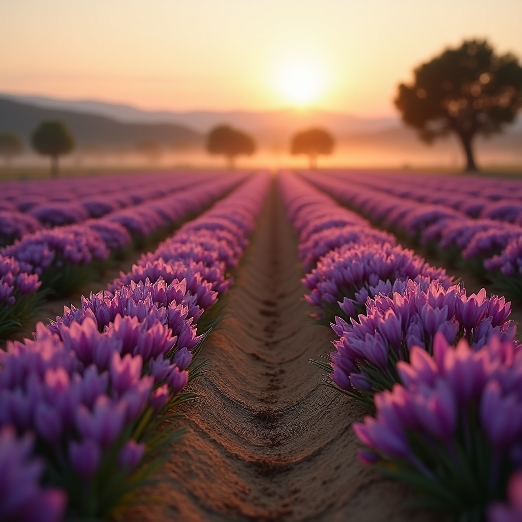 Hilera de flores de azafrán moradas en un campo de secano al amanecer